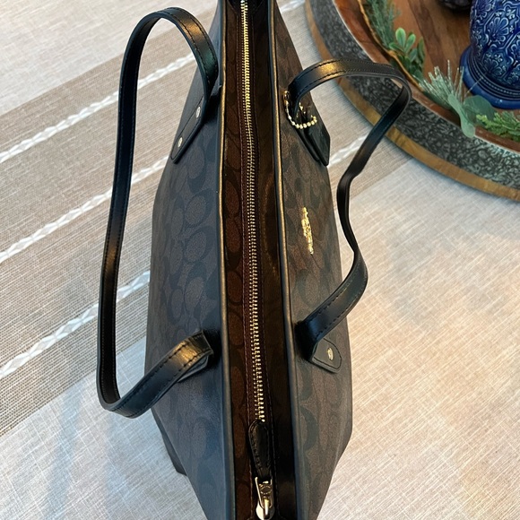 COACH Signature Tote Brown Black Canvas Leather Trim Shoulder Bag Large - Picture 3 of 8